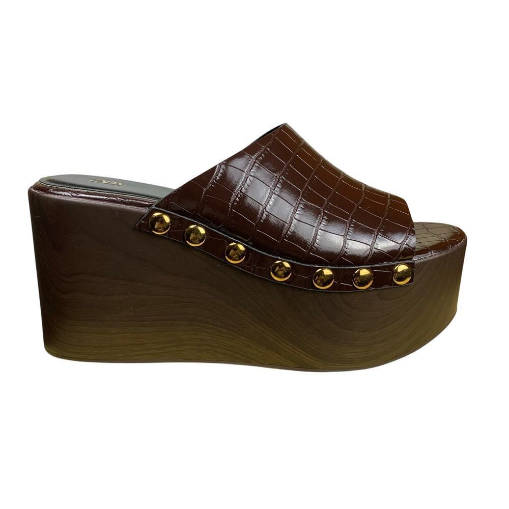 Zara Brown Studded Platform Wedge Sandals Size 39 US 6 Y2k Style